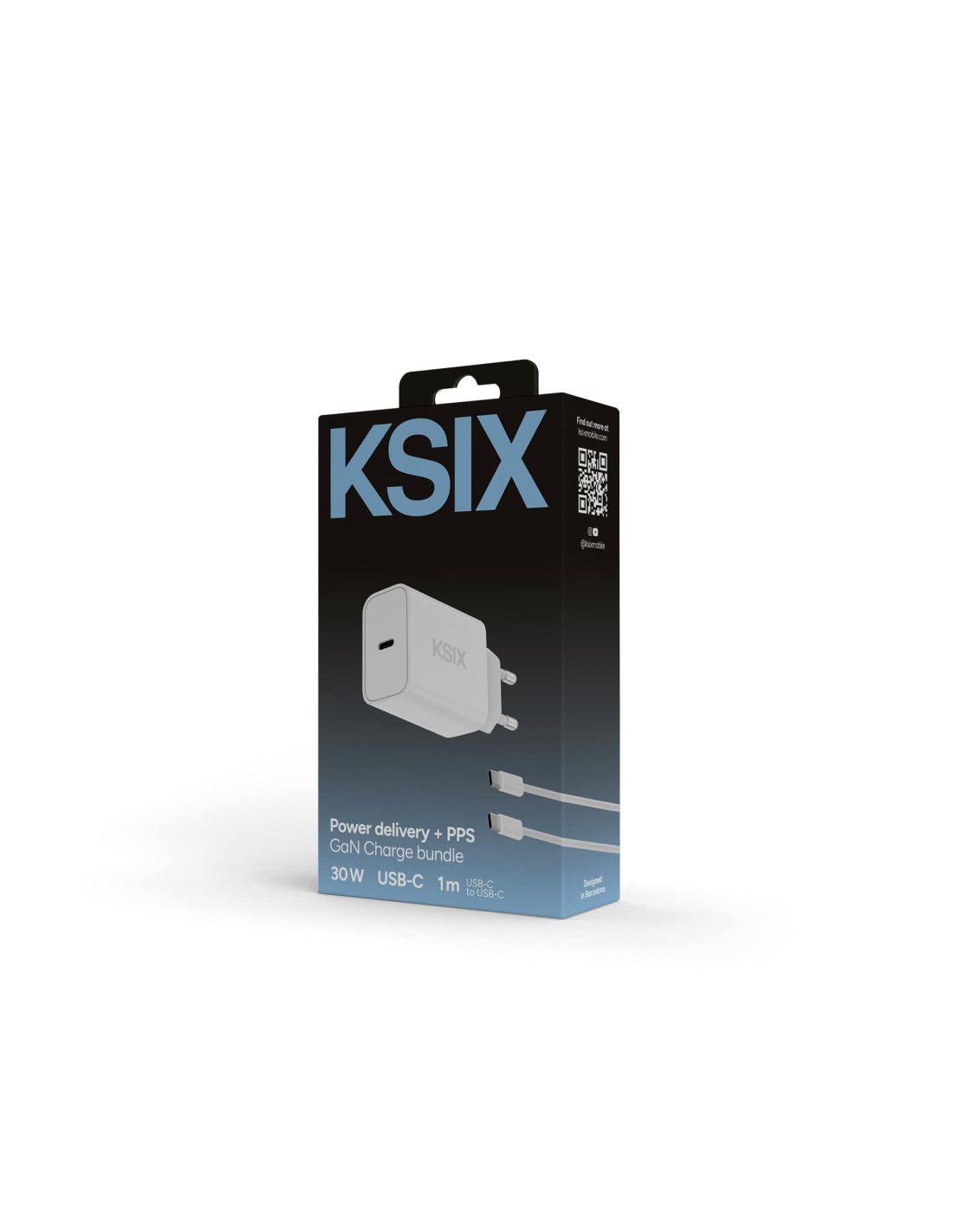 KSIX BCD30PDC01B SET ZIDNI Punjač 60 W + KABL USB-C NA USB-C, 1M, BELI