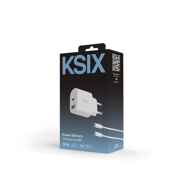 KSIX BCD30WA02 SET ZIDNI Punjač 30W USB-C+USB-A + KABL C NA C, 1M